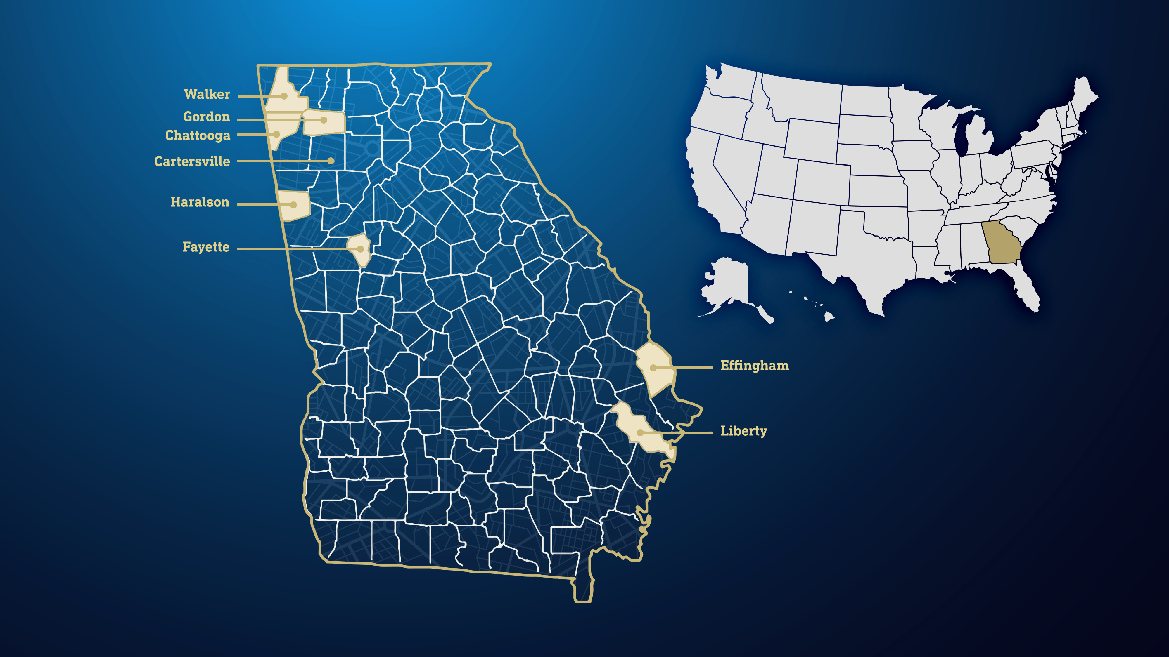 A map showing the Georgia school districts that participated in the rural computer science pilot for the 2022-2023 academic year. (Design credit: Toya Ejike).&nbsp;
