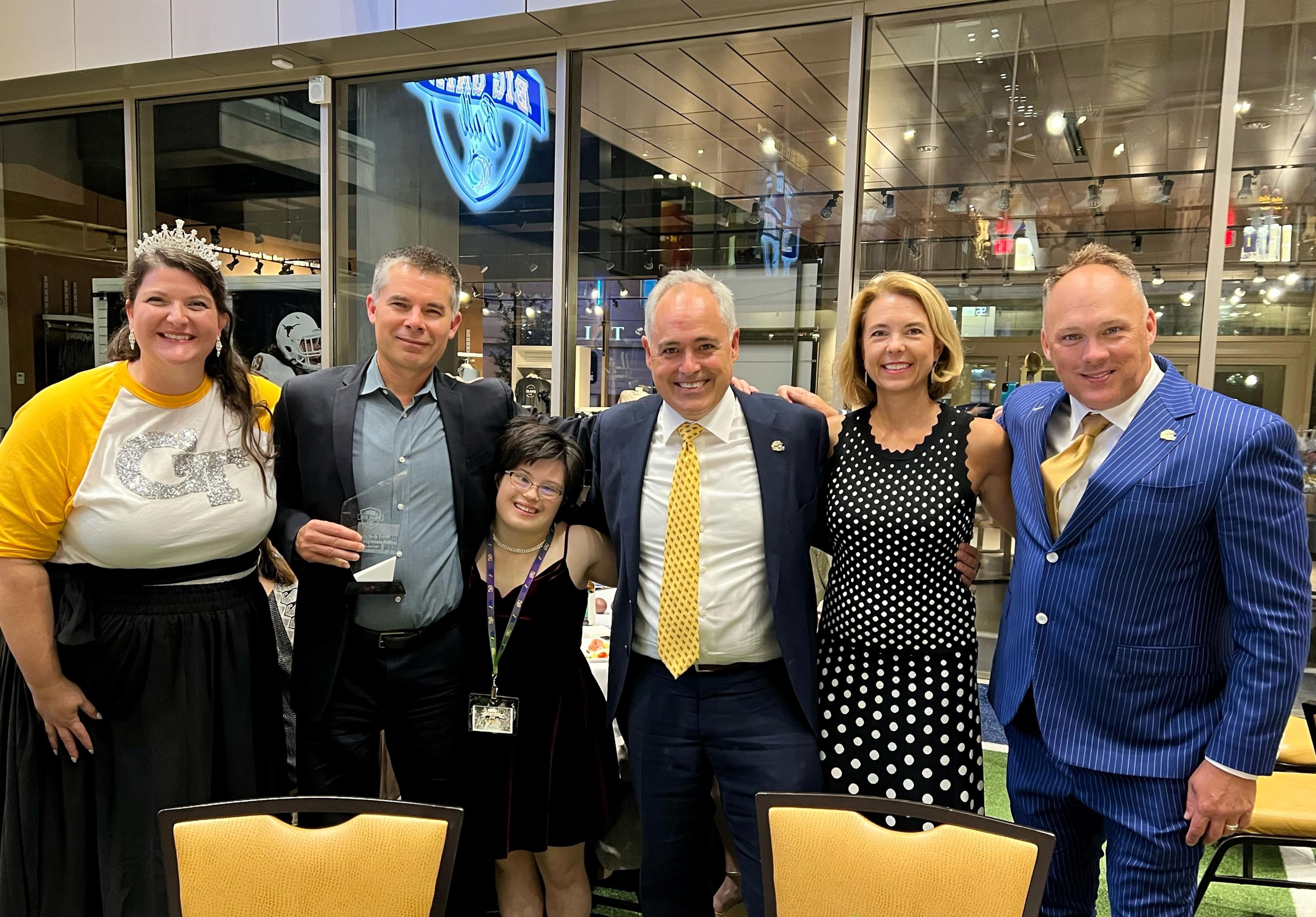 Attendees included (l-r) Ashley McKeen, EXCEL senior lecturer, Ken Surdin, EXCEL director, Martha Haythorn, EXCEL student, Georgia Tech President Ángel Cabrera and first lady Beth Cabrera, and Geoff Collins, Georgia Tech's head football coach. 